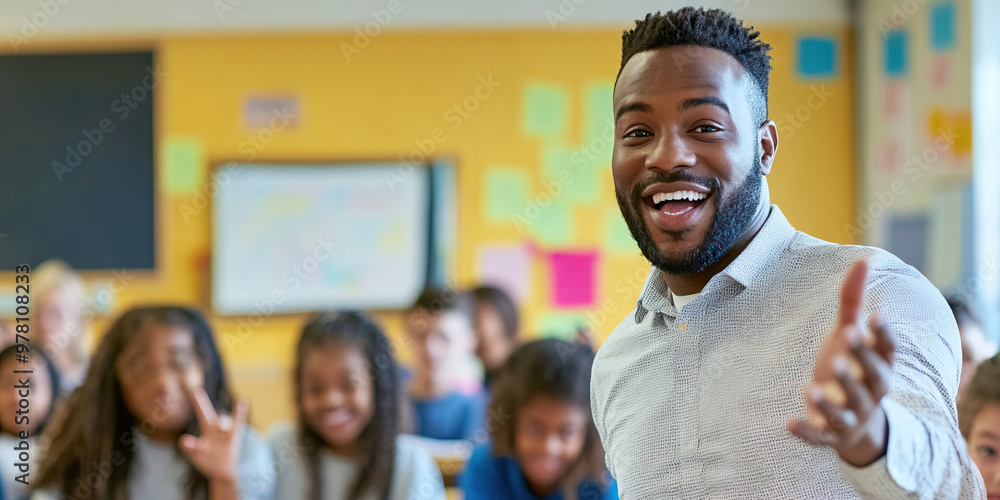 Energetic Teacher: A man gesturing enthusiastically while standing in front of a classroom full of students. Energetic Teacher: A man gesturing enthusiastically while standing in front of a classroom full of students.