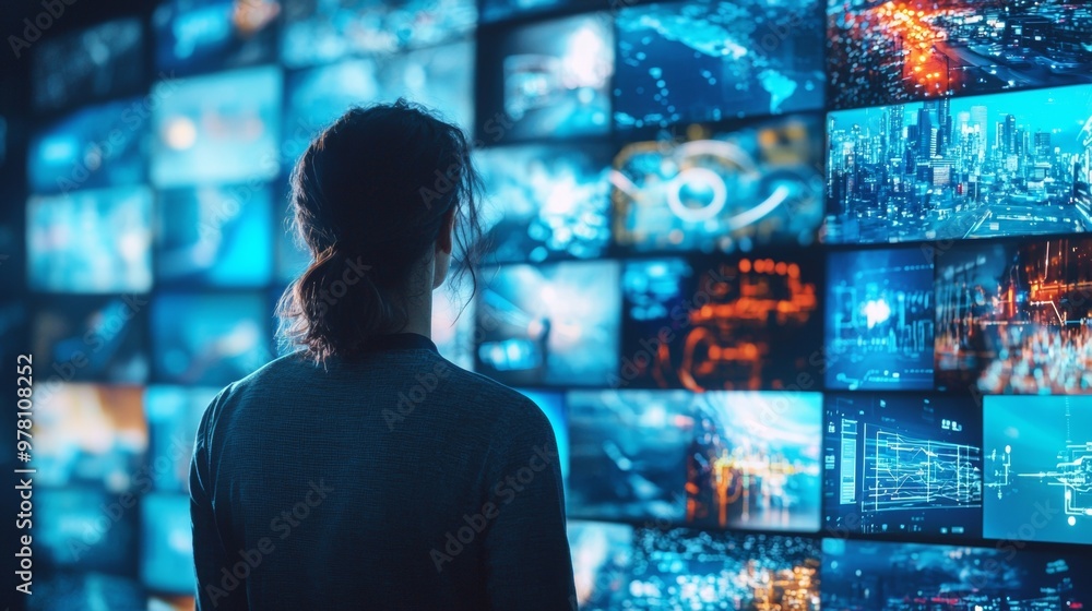 Woman Watching Multiple Data Screens in Technology Hub Woman Watching Multiple Data Screens in Technology Hub