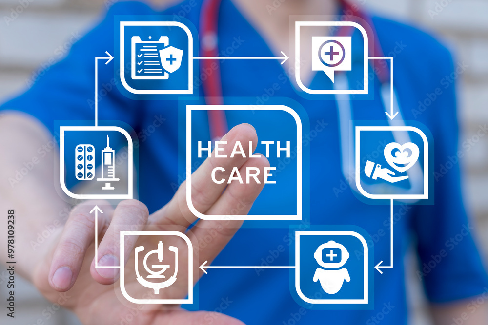 Doctor using virtual touch screen presses text: HEALTHCARE. Healthcare and Medicine Concept. Medical Insurance. Health Care Innovation. Doctor using virtual touch screen presses text: HEALTHCARE. Healthcare and Medicine Concept. Medical Insurance. Health Care Innovation.