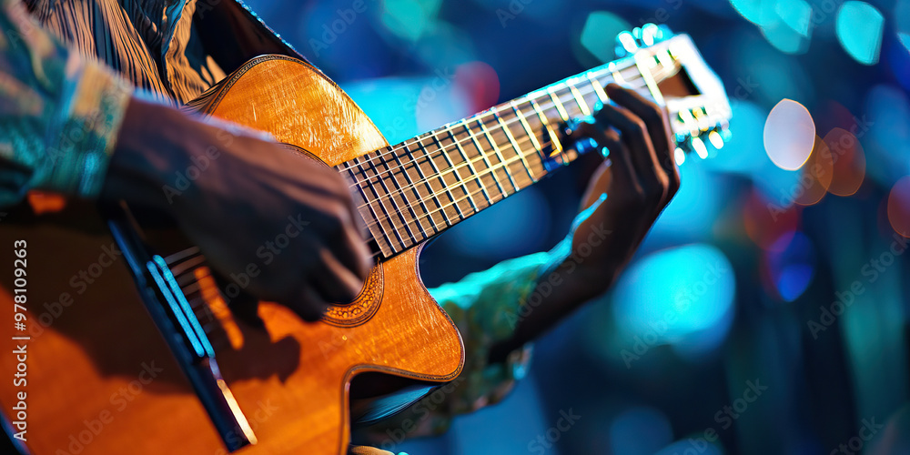 Obraz premium Passionate Performer: A musician playing a guitar, lost in the music onstage.