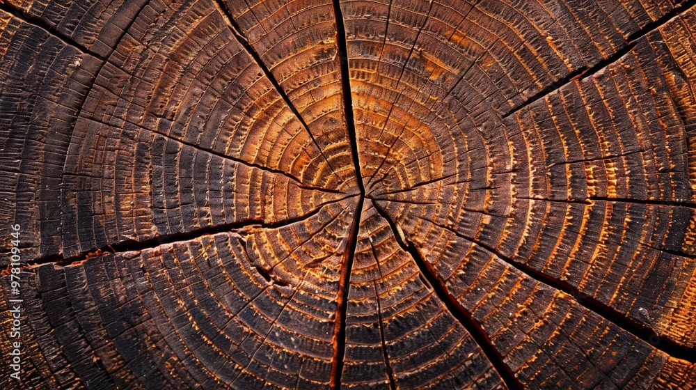 Fototapeta premium Close-up of a textured wooden log showcasing intricate growth rings and a rich brown color.