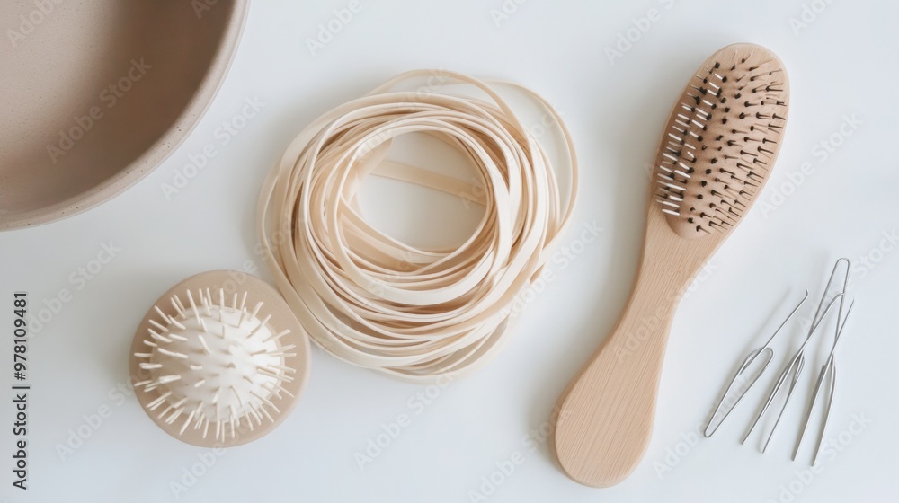A collection of rubber bands in neutral tones placed beside a hairbrush and hairpins, creating a monochromatic aesthetic on a clean surface. A collection of rubber bands in neutral tones placed beside a hairbrush and hairpins, creating a monochromatic aesthetic on a clean surface.