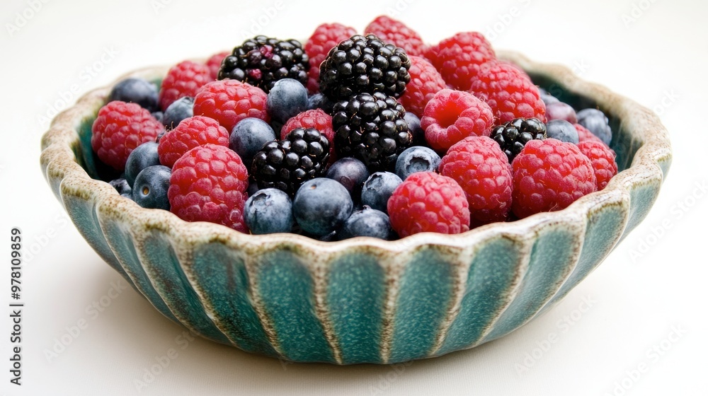 A colorful array of mixed berries, including raspberries, blackberries, and blueberries, in a ceramic bowl. A colorful array of mixed berries, including raspberries, blackberries, and blueberries, in a ceramic bowl.