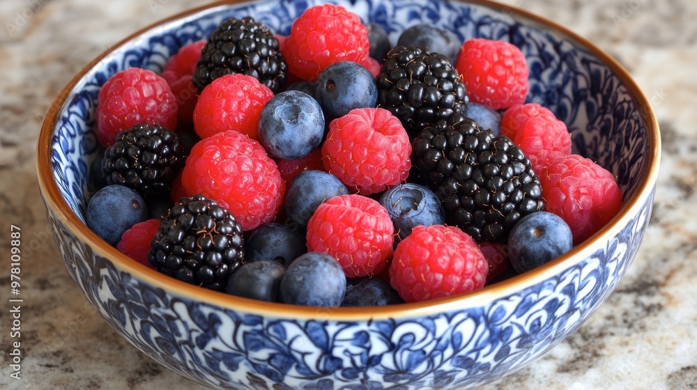 A colorful array of mixed berries, including raspberries, blackberries, and blueberries, in a ceramic bowl. A colorful array of mixed berries, including raspberries, blackberries, and blueberries, in a ceramic bowl.