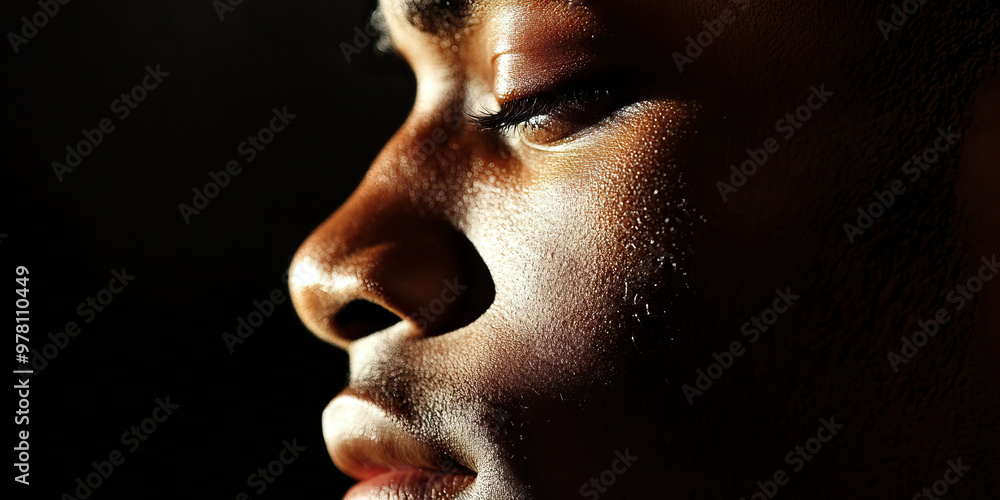Pensive Profile: A man's face, softly illuminated, revealing a pensive expression. Pensive Profile: A man's face, softly illuminated, revealing a pensive expression.