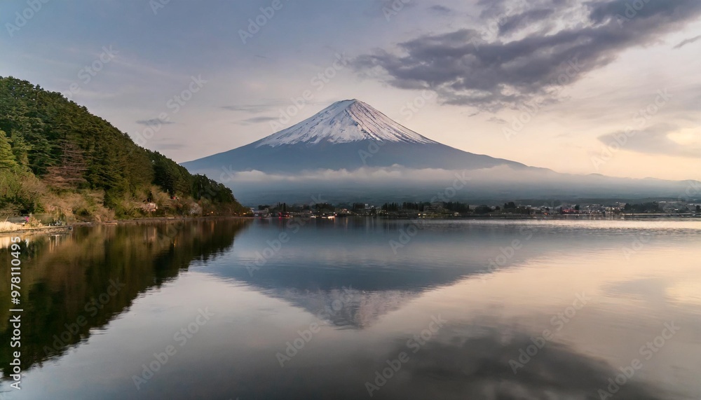 Sacred Mount Fuji Reflected in the Calm Waters of Lake Kawaguchi Sacred Mount Fuji Reflected in the Calm Waters of Lake Kawaguchi