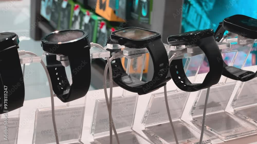 Latest Smartwatch Models on Display: Close-up of Cutting-Edge Wearable Tech in Electronics Store | Rows of Innovative Digital Timepieces Showcasing Modern Features and Sleek Designs Latest Smartwatch Models on Display: Close-up of Cutting-Edge Wearable Tech in Electronics Store | Rows of Innovative Digital Timepieces Showcasing Modern Features and Sleek Designs