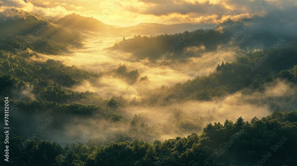 Fototapeta premium A dense layer of fog-like clouds covering a forested valley at sunrise, with golden light breaking through.