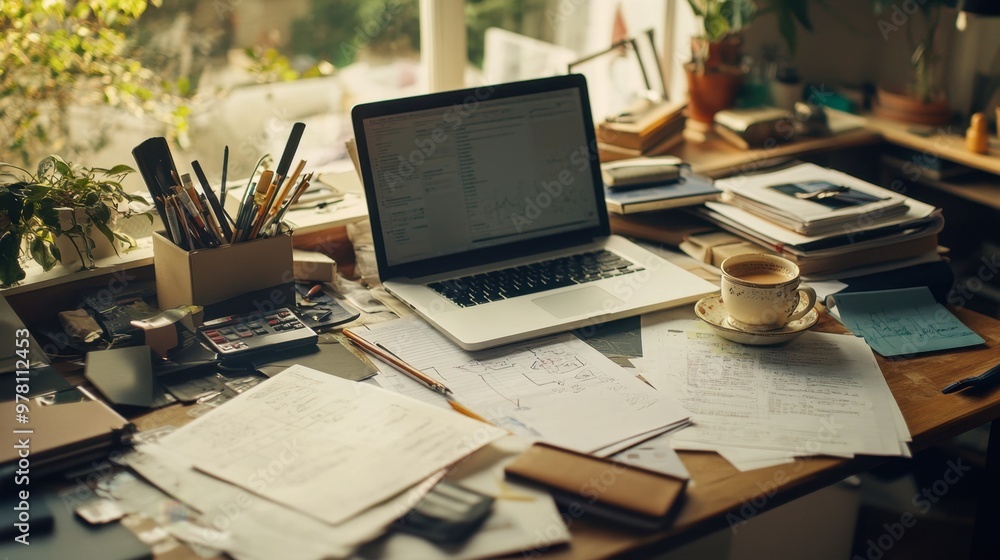 Naklejka premium A desk covered with planning documents, laptops, and office supplies, with a cup of coffee adding a personal touch to the workspace.
