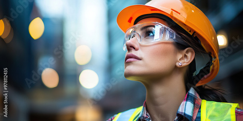 Jobsite Focus: A woman wearing a hardhat and reflective vest, gazing intently at a construction site.