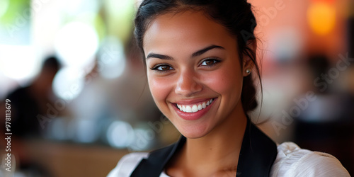 Smiling Server: A smiling woman, dressed in a waitress uniform.