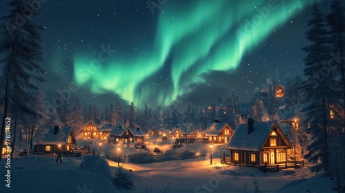 A dramatic view of the Aurora Borealis above a snow-covered village, with twinkling lights and a cozy atmosphere.