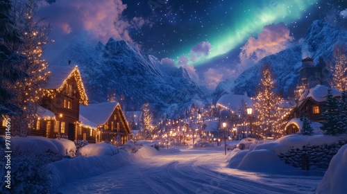 A dramatic view of the Aurora Borealis above a snow-covered village, with twinkling lights and a cozy atmosphere.
