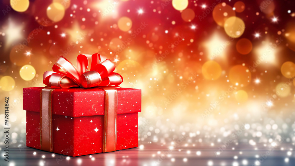 red gift box on golden bokeh background with glitters and stars, copy space. red gift box on golden bokeh background with glitters and stars, copy space.