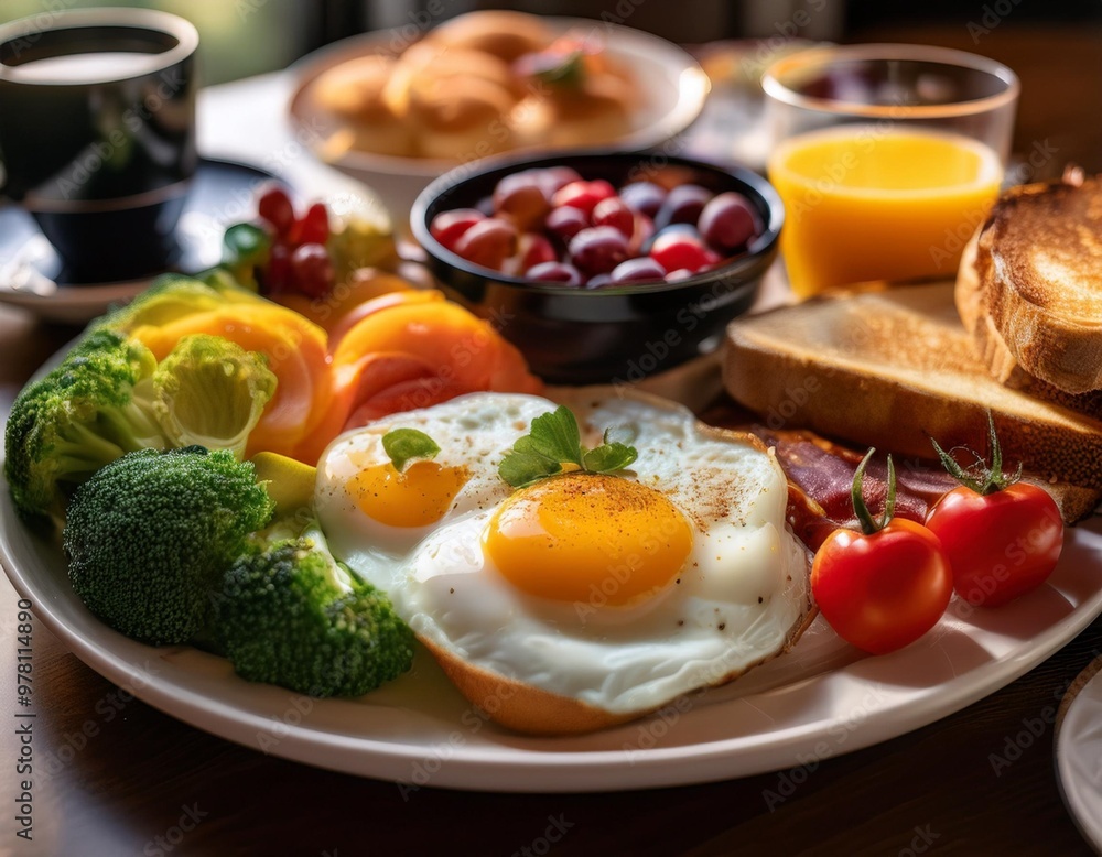 Savory breakfast options with depth of field featuring eggs, vegetables, and wholesome flavors Savory breakfast options with depth of field featuring eggs, vegetables, and wholesome flavors