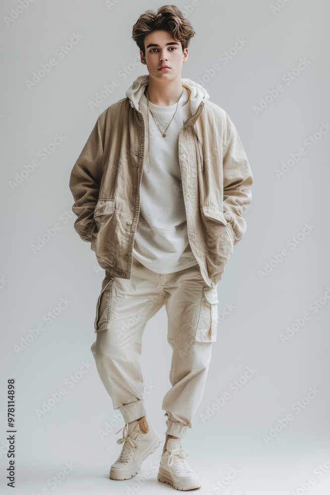 Young man in casual beige fashion standing indoors Young man in casual beige fashion standing indoors