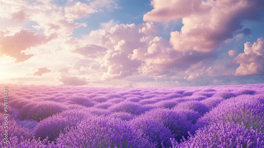 A field of lavender flowers under a sky filled with drifting, soft clouds, with a light breeze moving through the scene. A field of lavender flowers under a sky filled with drifting, soft clouds, with a light breeze moving through the scene.
