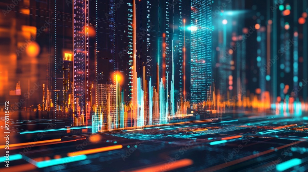 Futuristic Digital Financial Cityscape with Glowing Charts Futuristic Digital Financial Cityscape with Glowing Charts