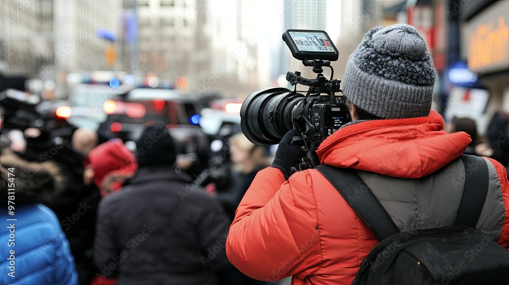 Dynamic news reporter on the scene of a breaking story, surrounded by a bustling crowd and flashing police cars in the background. Capturing the urgency and immediacy of real-time journalism Dynamic news reporter on the scene of a breaking story, surrounded by a bustling crowd and flashing police cars in the background. Capturing the urgency and immediacy of real-time journalism