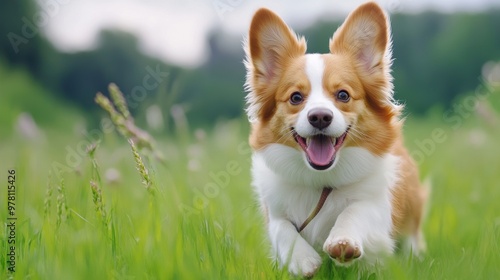 A small dog running through a field of tall grass, AI