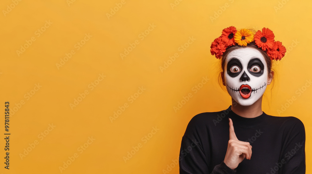 Surprised female with skull makeup and flower crown on yellow background Surprised female with skull makeup and flower crown on yellow background