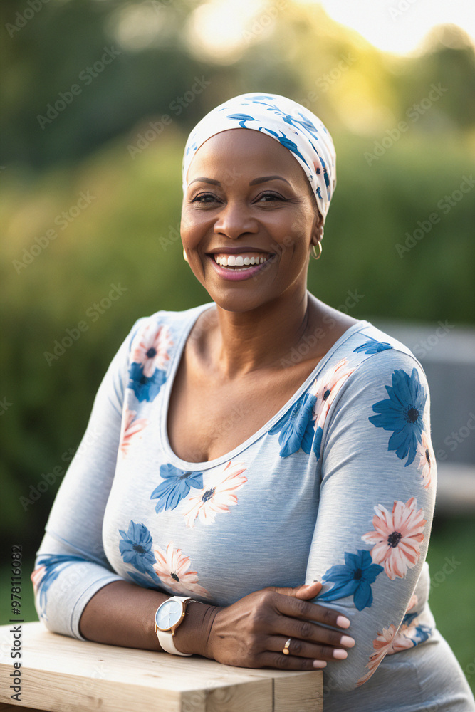 smiling breast cancer survivor wearing a blue floral top and matching headscarf, seated outdoors. Her joyful expression radiates resilience and strength in support of Breast Cancer Awareness Month smiling breast cancer survivor wearing a blue floral top and matching headscarf, seated outdoors. Her joyful expression radiates resilience and strength in support of Breast Cancer Awareness Month
