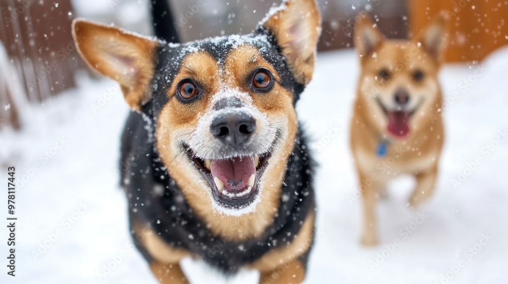 Two dogs are running in the snow together with one smiling, AI Two dogs are running in the snow together with one smiling, AI