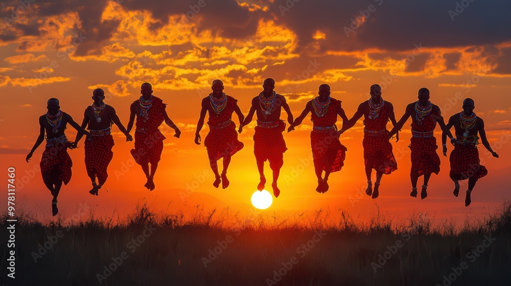 Maasai Warriors Performing Traditional Jumping Dance at Sunset in Africa Maasai Warriors Performing Traditional Jumping Dance at Sunset in Africa