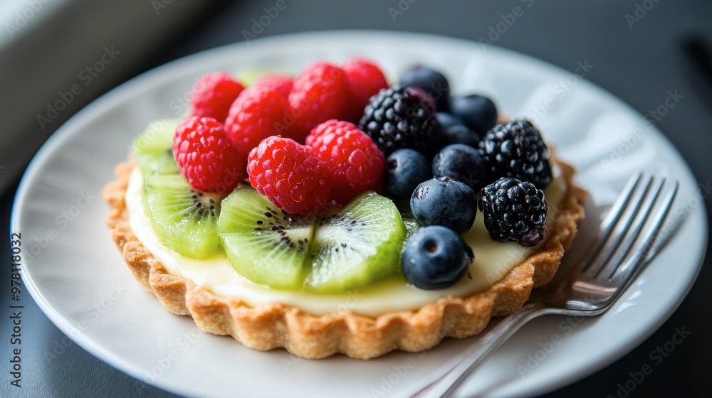 A fruit tart topped with fresh berries and kiwi slices, served on a white ceramic plate with a silver fork. A fruit tart topped with fresh berries and kiwi slices, served on a white ceramic plate with a silver fork.