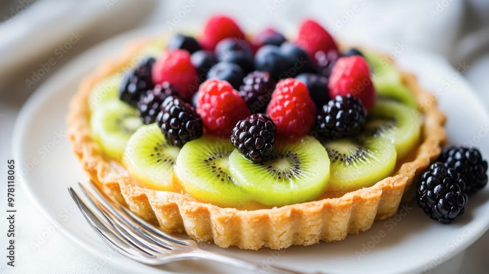 A fruit tart topped with fresh berries and kiwi slices, served on a white ceramic plate with a silver fork. A fruit tart topped with fresh berries and kiwi slices, served on a white ceramic plate with a silver fork.