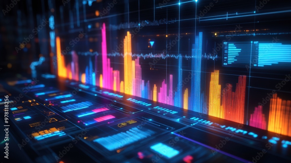 A futuristic bar graph with glowing colors and labels, showing key business metrics in a tech-driven setting. A futuristic bar graph with glowing colors and labels, showing key business metrics in a tech-driven setting.