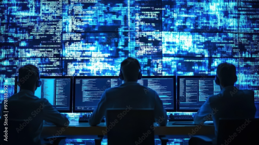 IT professionals responding to a cyber attack, screens filled with code IT professionals responding to a cyber attack, screens filled with code