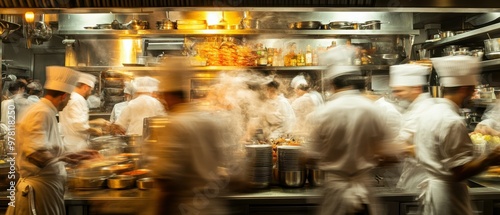 Chefs in motion in a busy restaurant kitchen during dinner rush