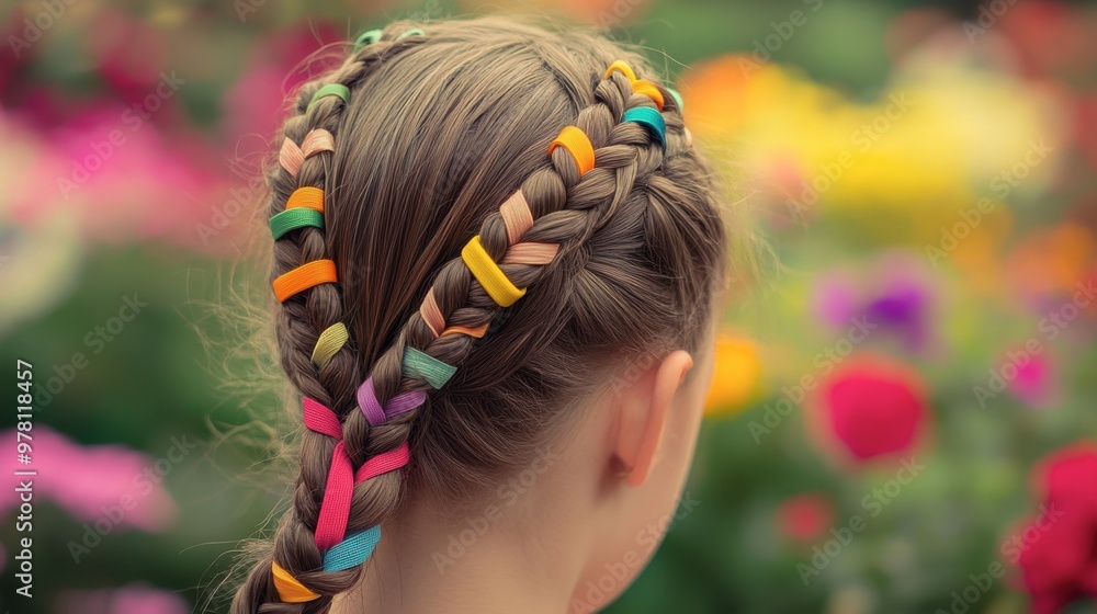 Naklejka premium A girl braided hairstyle with multiple rubber bands in vibrant colors securing each section, against a backdrop of flowers in a garden.