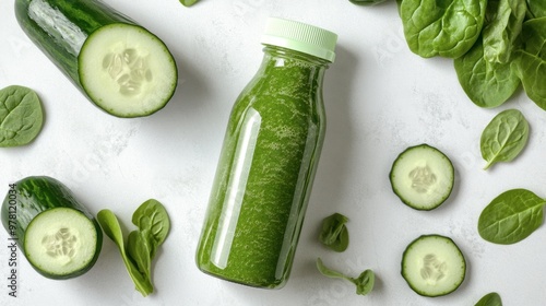 A glass bottle with green smoothie ingredients, like spinach and cucumber, lying beside the bottle on a clean white countertop, symbolizing healthy living. photo