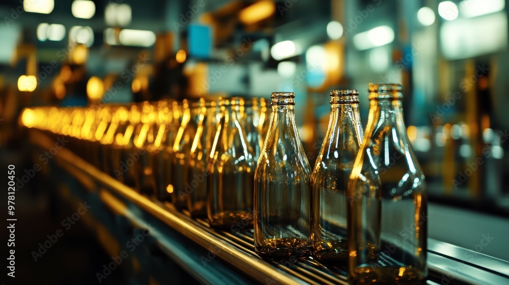 A group of empty glass bottles lined up on a conveyor belt in a bottling factory, ready to be filled with a beverage, with industrial machinery in the background. A group of empty glass bottles lined up on a conveyor belt in a bottling factory, ready to be filled with a beverage, with industrial machinery in the background.