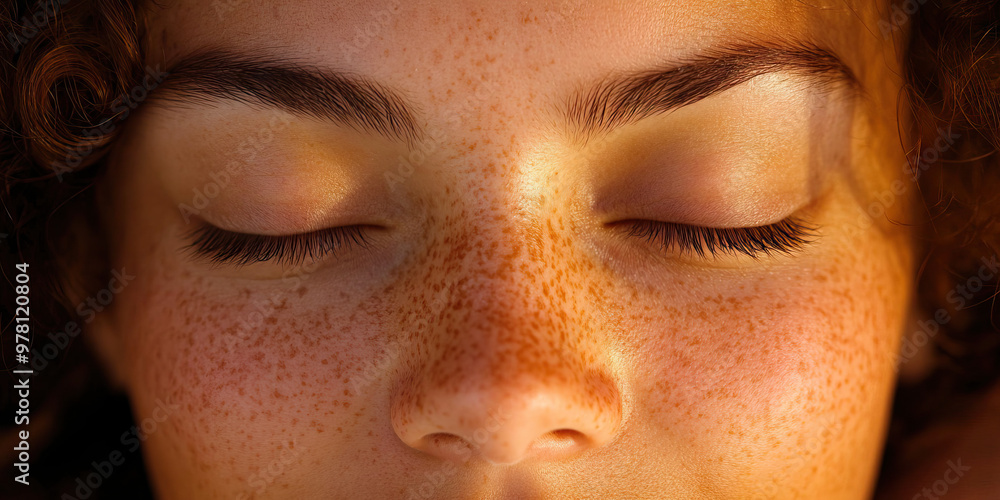 Fototapeta premium Serene Smile: A peaceful expression on a person's face, eyes slightly closed.