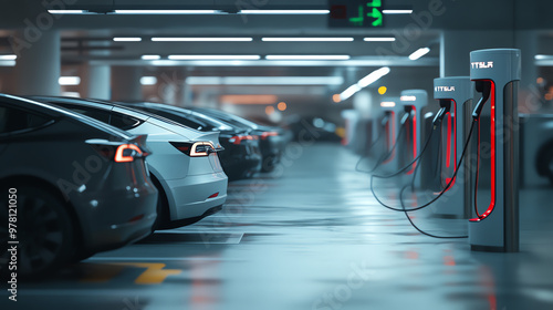 Modern charging station in a sleek parking garage, showcasing electric vehicles lined up for a sustainable future.