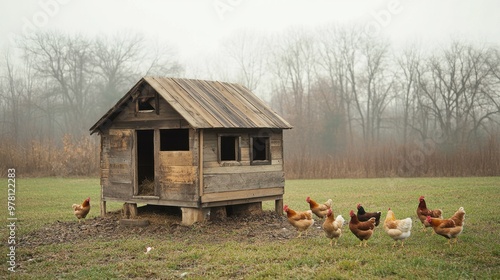 A homemade chicken coop built from reclaimed wood, standing in a rural field with chickens pecking the ground nearby.