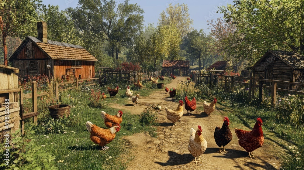 A large, free-range chicken coop with multiple hens and roosters pecking around a spacious fenced area. A large, free-range chicken coop with multiple hens and roosters pecking around a spacious fenced area.