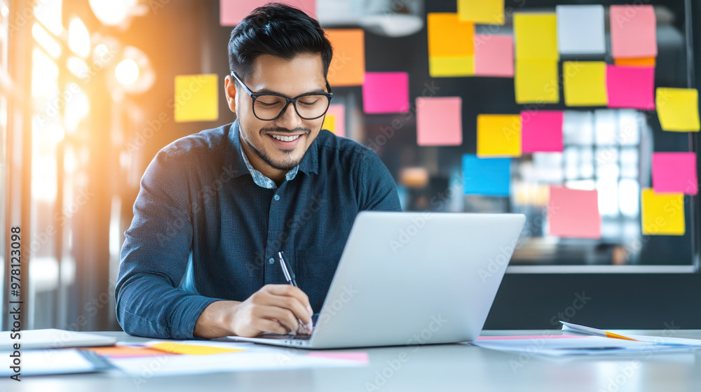 A young man is working online with laptop, smiling and engaged in his task, surrounded by colorful sticky notes in modern office setting.. A young man is working online with laptop, smiling and engaged in his task, surrounded by colorful sticky notes in modern office setting..