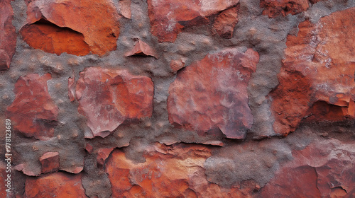 Textura de parede de pedra vermelha rústica com acabamento fosco, ideal para elementos de fundo ou design. A superfície áspera e irregular cria uma sensação natural e terrosa photo