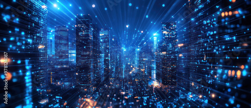 Wallpaper Mural Futuristic city at night with vibrant blue lights and dynamic energy. Torontodigital.ca