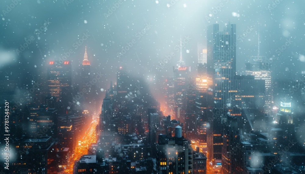 Obraz premium Snow-covered urban city during snowfall