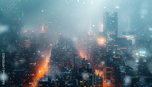 Snow-covered urban city during snowfall