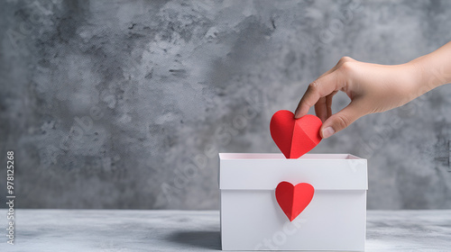 Hand Placing Red Heart in White Gift Box, Perfect for Valentine's Day or Anniversary Greetings photo