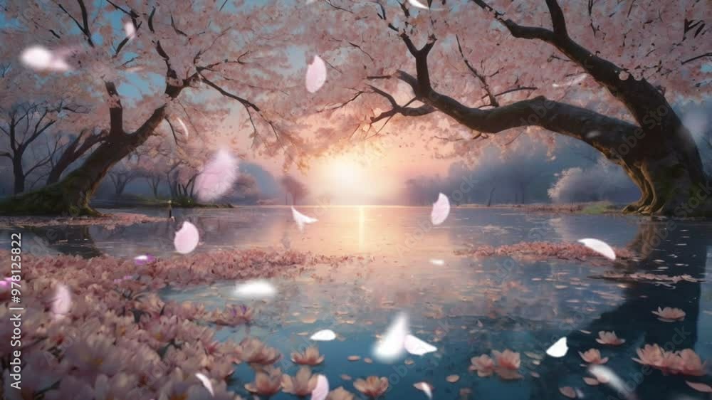 A serene digital painting of a river lined with blooming cherry blossom ...