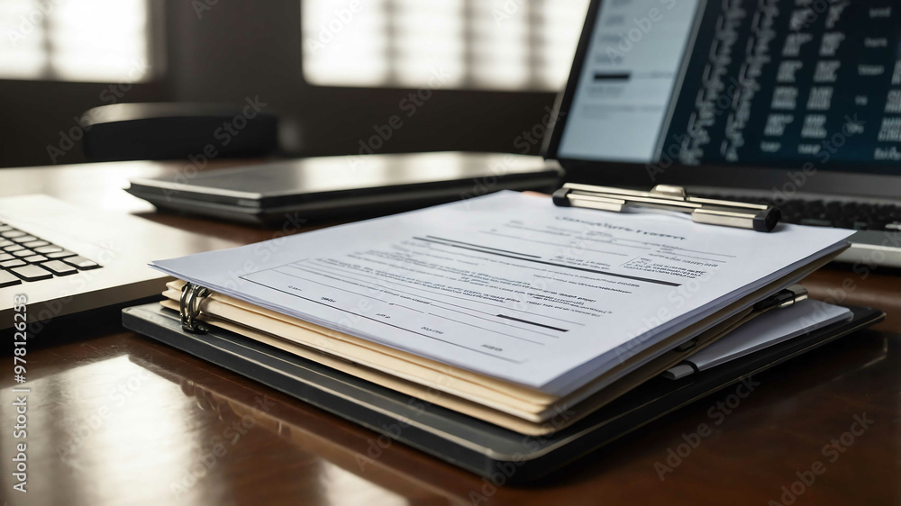 Clipboard with a corporate report lying on a desk next to a laptop Clipboard with a corporate report lying on a desk next to a laptop