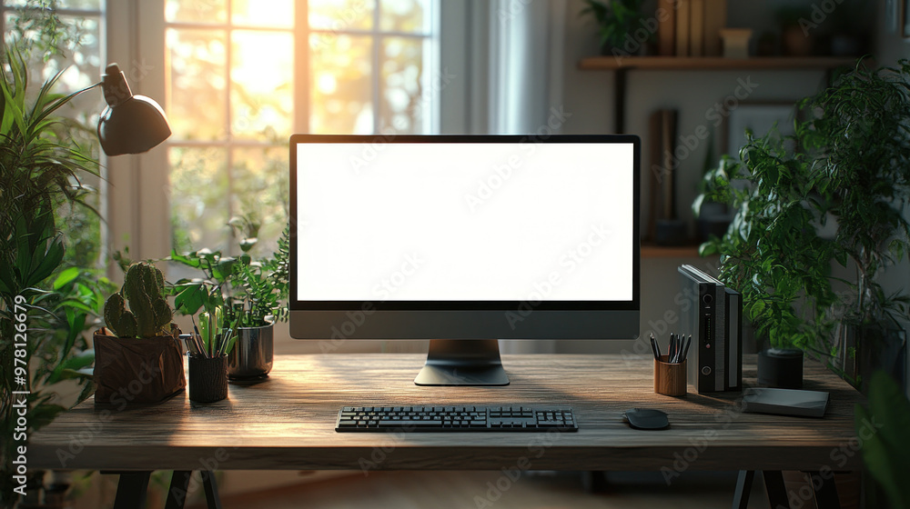 Fototapeta premium A modern workspace featuring large white screen monitor on wooden standing desk surrounded by lush green plants, creating serene and productive atmosphere.