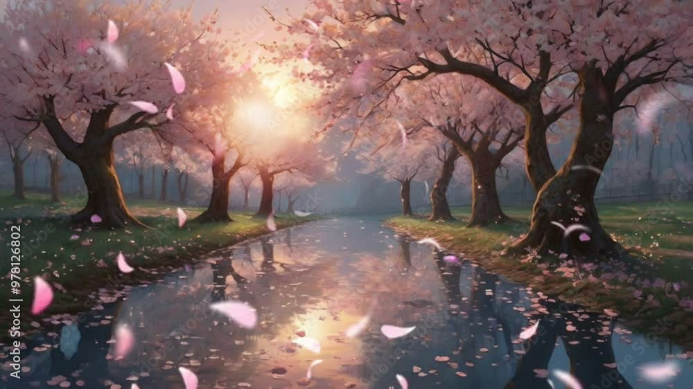 A serene digital painting of a river lined with blooming cherry blossom ...
